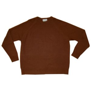 Image shows a plain, round neck jumper in brown from the 1970s
