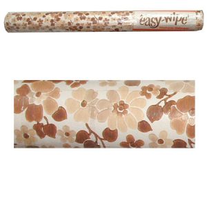 Image shows the close-up pattern of a roll of 1970's wallpaper in brown with a floral print