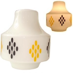 Image shows a pendant-shaped glass lamp shade from the 1970's with a diamond pattern in yellow and black
