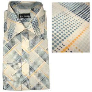 Image shows a folded men's shirt from the 1970's with a linea print of varying sizes of dots in blue and yellow