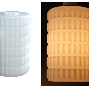 Image shows a ribbed, white glass lampshade from the 1970's