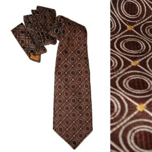 Image shows a men's neck tie from 1970's in brown with a circle and orange circular pattern